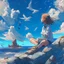 Placeholder: A girl is sitting on the edge of the rocks by the seashore and is meditating. The sky is blue with beautiful clouds and seagulls flying, digital art, anime, 4k, full details