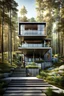 Placeholder: Modern house made from shipping containers, on a hill in the woods, photorealistic