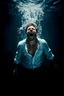 Placeholder: A dramatic underwater cinematic poster featuring a man submerged deep in water, wearing a partially unbuttoned white shirt and dark pants, captured in a highly detailed, hyper-realistic style. The man is screaming with his mouth wide open, releasing a stream of air bubbles that rise toward the surface. Harsh directional lighting from above creates striking highlights on the wet fabric and his face, with deep shadows surrounding him, adding intensity and depth. The atmosphere is dark, moody, and