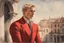 Placeholder: elegant blonde man in firenze in red costume in sunshine, shading pastel and charcoal