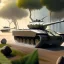 Placeholder: Ralph mcquarrie painting of a Futuristic armored tank With treads in the jungle with jets flying overhead, 4k, highly detailed, minutiae, trail, boulders