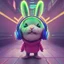 Placeholder: pixar style anamorphic cute rabbit baby, smiling, cyberpunk headphone, sunglass, gangsta gold neckless, full body, magenta puffer jacket, manila city backdrop, dramatic lighting, hyper realistic, unreal engine 5, 16k