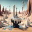 Placeholder: Dark, creepy, 3d, surreal objects in a bright environment, desert, noon light, melting cream, Yves Tanguy style