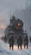 Placeholder: Jakub Rozalski's Historical Fantasy: In a snowy landscape, a massive, steam-powered automaton bears down on a group of soldiers, its gears and pistons lit by the eerie glow of dawn.