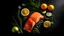 Placeholder: Salmon. Raw salmon steak. Fresh raw salmon fish with cooking ingredients, herbs and lemon prepared for grilled baking on black background. Healthy food. Top view. Copy space.