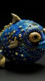 Placeholder: An indigo water elemental pufferfish designed in ancient Roman mosaics painted by Gustav Klimt