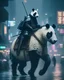Placeholder: a panda riding a horse in blade runner style tokyo