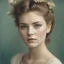 Placeholder: 1960s autochrome head shot of a stunning young woman, hair pulled up and adorned with teeny-tiny flowers,