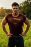 Placeholder: Full-length image, head to toe, create a photorealistic portrait of an extremely muscular Tom Welling Superman as an old man, with (dyed black hair:1.3), and gray temples and sideburns, standing outside the Kent Farmhouse in a green field with his hands on his hips, in the late afternoon, with natural sunlight casting warm golden light across his face revealing every wrinkle and the texture of his skin, sharp focus on his eyes showing depth, moisture, reflections, with a soft bokeh background