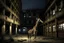 Placeholder: giraffe in the middle of a large central courtyard between decaying buildings, midnight, giraffe illuminated by dim light, reality, real photography, 16K, like in the movie 'The Great Beauty' by Sorrentino