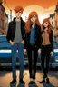 Placeholder: Two teenage brothers with ginger hair plus a teenage punk girl with dark hair are standing in characteristic book cover-style poses. Three black cats walk with them. They are young amateur detectives. The town street with a white van in the background, a mysterious atmosphere