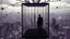 Placeholder: inner in an cube like cage stands a nonbynari human figure and gaze city, , in outside around in the distance big landscape with big city and many fade human figures in the city, dark purple, gray, black, white, brown. Whimsical style neuron network background, surreal stunning vibe