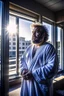 Placeholder: full figure shot photography of burly chubby turkish man 50 years old, at the windows in opened bathrobe , bulge, hands behind the head, emotive eyes, long beard, manly chest, curly hair, sharp focus, backlit, harsh overhead sunlight, ambient occlusion , photorealistic , frontal view