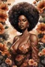 Placeholder: Create an watercolor image of a curvy black female wearing a brown off the shoudler blouse and she is looking down with Prominent makeup. Highly detailed tightly curly black afro. Background of large brown and black flowers surrounding her