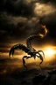 Placeholder: Black Scorpio Scorpion surrounded by fire. Tail curled up behind his back ready to strike under a storming sky with lightening striking around it