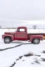 Placeholder: full antique red pickup truck in the distance snow field no background