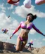 Placeholder: Ultra realistic speed clouds sky scene, wide angle view, sweet women falling down, inflatable color clothing, free jumping flying, many trinkets, hair monster. many jelly beans, balls, color smoke, smile, happy, circus style, extreme, wind, 20,000 feet altitude, stratosphere, soft color, highly detailed, unreal engine 5, ray tracing, RTX, lumen lighting, ultra detail, volumetric lighting, 3d, finely drawn, high definition, high resolution.