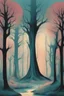 Placeholder: old illustration of wierd trees, style of Eyvind Earle, pastel colors