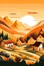 Placeholder: Beautiful village, houses, Mountains, trees, sunset, papercurl illustration.