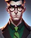 Placeholder: Fit man in round glasses, wavy hair, stubble, slim, tie, monotone, green eyes, comic book style, two tone colours, detailed, ink, realistic, handsome, square jaw, big brows, no jacket, bird on the shoulder, spotlight