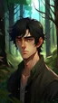 Placeholder: Fanatsy world, anime, portrait of black hair man in his twenties, stoic look, forest background