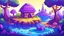 Placeholder: Fantasy cartoon illustration: Near a pond there is a cute purple turtle's house.