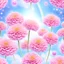 Placeholder: photorealistic image of a bouquet of pastel pink marigolds with sparkles, in the sky, rainbow, dreamy magical ambience, glowing orbs floating around