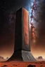 Placeholder: On the barren, red surface of Mars, a towering black monolith made of polished marble stands proudly against the backdrop of the vast and starry galaxy. The monolith carved with intricate alien hieroglyphs and strange designs glow with an pale light. detailed, sharp focus, masterpiece