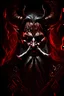 Placeholder: old man, black beard, no faced, shadows on face, muscle, skin red , red body, black goat horns, black bat wings, long black haired, devil appearance, satan, belsebuth, asmodeus, pethagram, diabolic scars, black old armor, golden necklace cross, cape, throne, hell fire, darkness background.