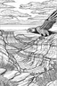 Placeholder: An eagle glides effortlessly over the immense, rugged grandeur of the Grand Canyon. The canyon's colossal depths and layered rock formations create a breathtaking backdrop for the eagle's flight, symbolizing the immense power of nature and the bird's absolute freedom..coloring book page, simple and clean line art, adult drawing book, black and white, crisp black lines, no shades, sharp lines, coloring book for adults, cartoon style, landscape