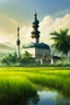 Placeholder: Beautiful Digital Painting art Landscape small islamic Mosque,surrounded rice paddy fields, photoshoot fromfar