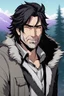 Placeholder: Middle-aged man with a feral look, long and shaggy black hair, violet eyes, smug, wolf tail, wilderness background, RWBY animation style