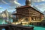 Placeholder: medieval buildings with balconies overhanging lake edge with blue sky and people, photorealism, fantastical, intricate detail, splash screen, concept art