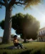 Placeholder: realistic image, spanish boy sitting under a tree, god rays, 8k, 16 bit, vibrant color