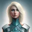 Placeholder: D&D cleric, female, platinum blonde hair, happy, teal armor, eyes gold