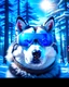 Placeholder: Siberian Husky with futuristic science fiction glasses, contrasting snow-covered forest background, photo-realistic artwork, hyper-detailed 8k