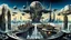 Placeholder: a stunningly weird image of a futuristic metropolis using Salvador Dali's paranoiac-critical method, where buildings and structures appear to melt into the skyline cityscape is filled with floating mad, twisted sharp metal shapes that interact with the buildings and each other, forming a surreal tableau of a dreamlike reality. neu-steampunk vibe, essence of the scene in a cinematic manner, with dramatic shadows that enhance the distorted perspectives and bizarre