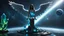 Placeholder: angel with a wings siting on the blue monolith made of blue tiberium crystals of lights, matrix universe, planets on the back grounds, green crystals of tiberium on the life and right