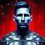 Placeholder: rain, Lionel Messi, style steampunk, darkblue tones,