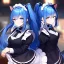 Placeholder: Clear Focus, High resolution, wearing a maid uniform, fluffy hair and a long ponytail, blue hair, cat ears, meowing