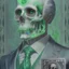 Placeholder: a head and shoulders portrait of a skeleton dressed in a three-piece suit as the president of the united states, based on us currency, united states one dollar bill, shades of green, real-life, colors match the united states one dollar bill, realistic, robotic,