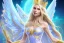 Placeholder: beautiful, very soft, big smiling,blue eyes, very straight and long blonde hair, dewy and shiny vibe, diamond crown, long fairy wings in the back, soft and young full head, golden veil clothes,big smiling , bachground light pink and blue