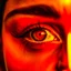 Placeholder: a woman's eye reflecting candlelight, warm orange/red colours, sadness, photo quality