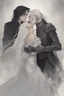 Placeholder: Strahd Von Zarovich, long black hair, being kissed on the mouth by a beautiful woman with white hair, wearing an off the shoulder dress. Settling and background are a lavish toomb with an ebony coffin.