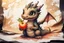 Placeholder: double exposure, merged layers, painted and burned burlap, cute chibi anime dragon eating fruit, melting watercolor and black ink outlines on wet paper, soft, shading strokes, in sunshine, ethereal, otherwordly, cinematic postprocessing, bokeh, dof