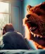 Placeholder: Realistic bedroom scene. big furry monster sitting next to human girl from behind. Wes Anderson style. Red hair, smile, happy, gradient color fog. highly detailed, concept art, unreal engine 5, ray tracing, RTX, lumen lighting, ultra detail, volumetric lighting, 3d, finely drawn, high definition, high resolution.