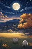 Placeholder: starry night with a full moon in a pasture during fall anime