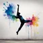 Placeholder: Loose brush stroke watercolor painting, colorful profile silhouette of a female gymnast in the middle of doing a cartwheel legs up in the air, splash art, street graffiti art, polychromatic, ink splatter, diffusion, artistic, kinetic, by Pejac