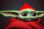 Placeholder: baby yoda wearing a red christmas hat . neon cyberpunk . busy city backround