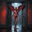 Placeholder: Sinister glowing red eyed Lovecraftian cupid standing in the threshold of an open door at midnight in the pouring rain, dramatic horror, incredible composition; dynamic lighting; meticulously composed concept art, masterpiece, cell-shaded, Volumetric lighting, color ink illustration, creepy, Eldritch, opulent shadows, by Michael Whelan and Colin McCahon, moody, macabre